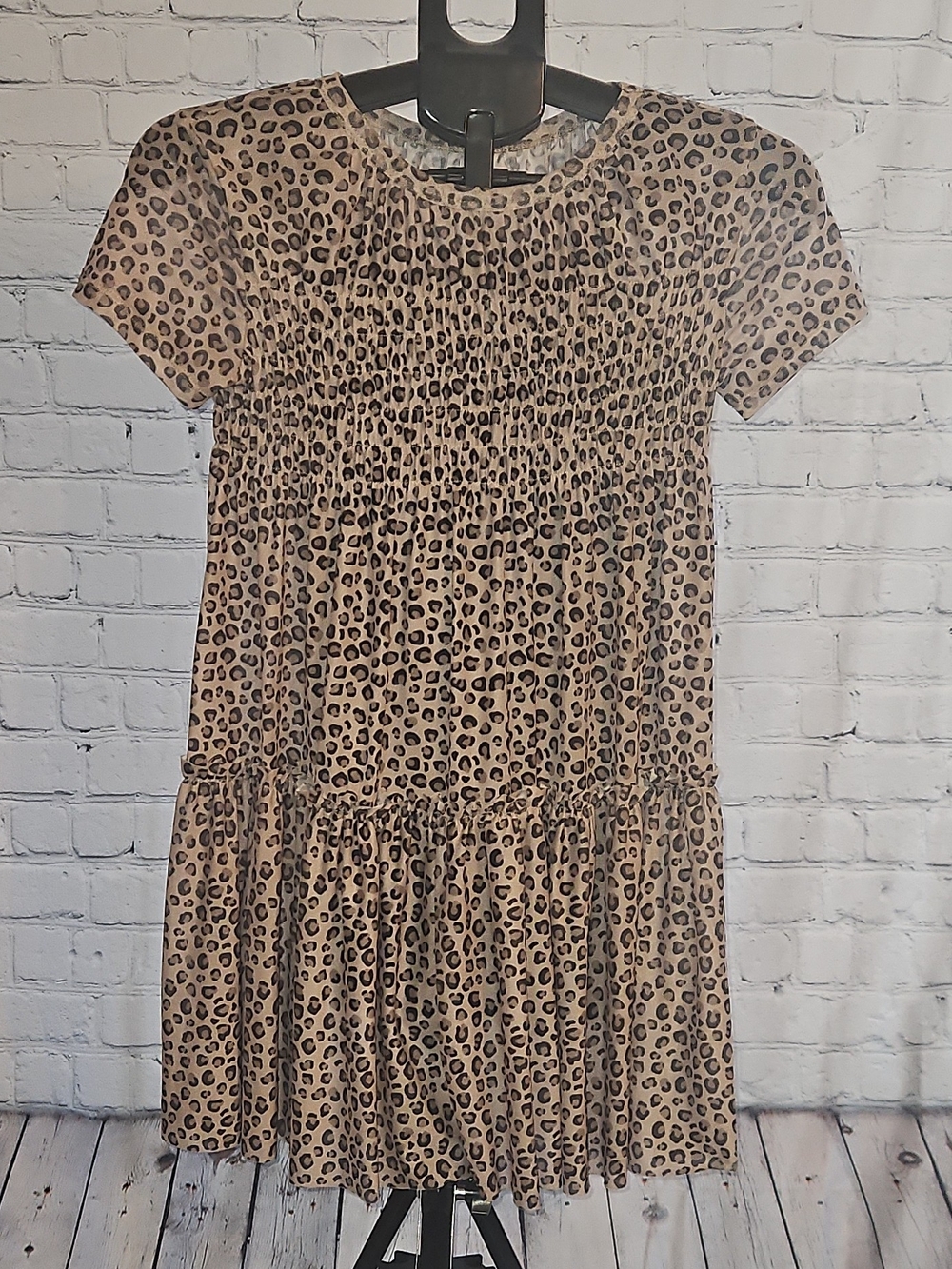 Sumwon Leopard Print Short Sleeve Tiered Dress - Tan